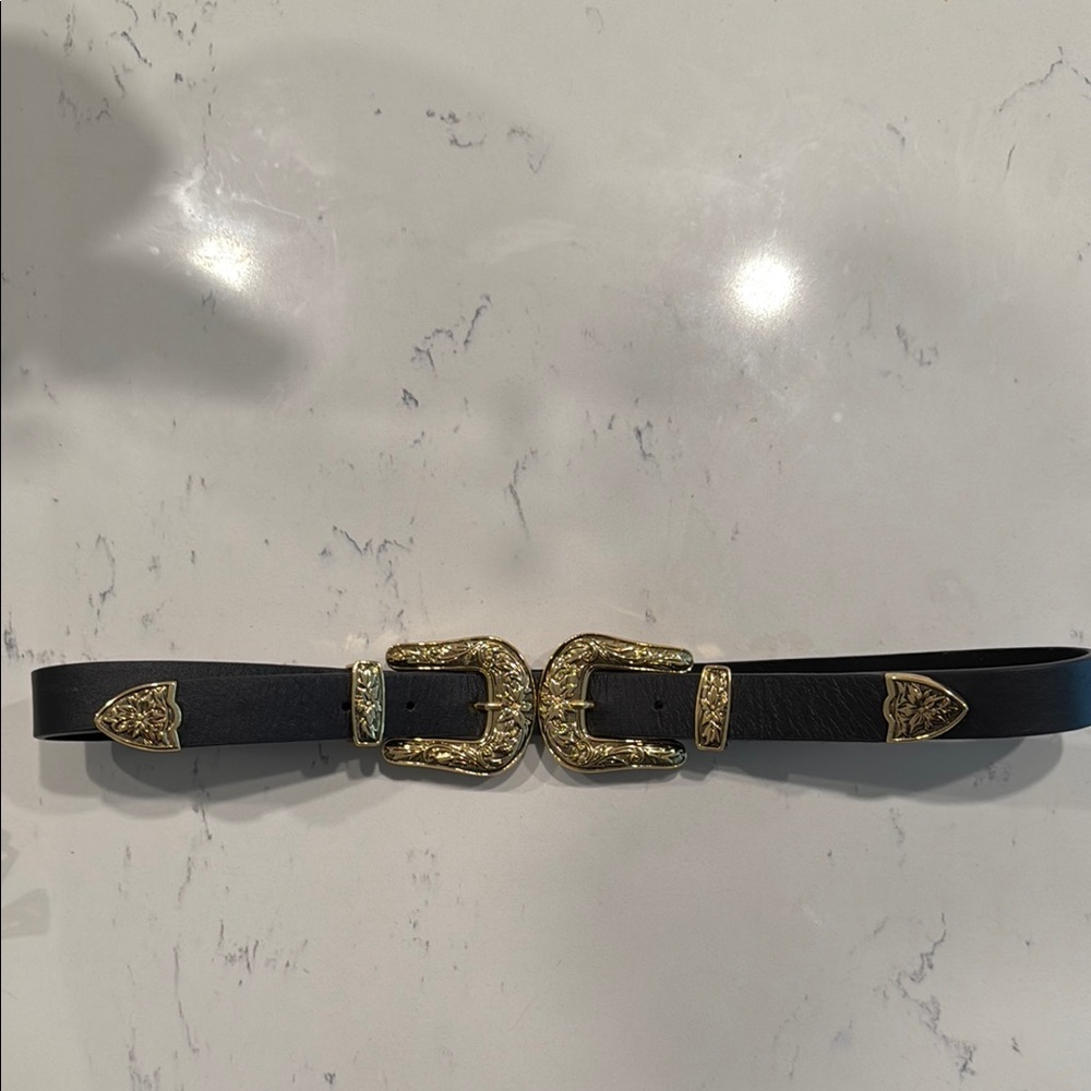 B-Low the Belt Black and Gold Double Buckle Belt